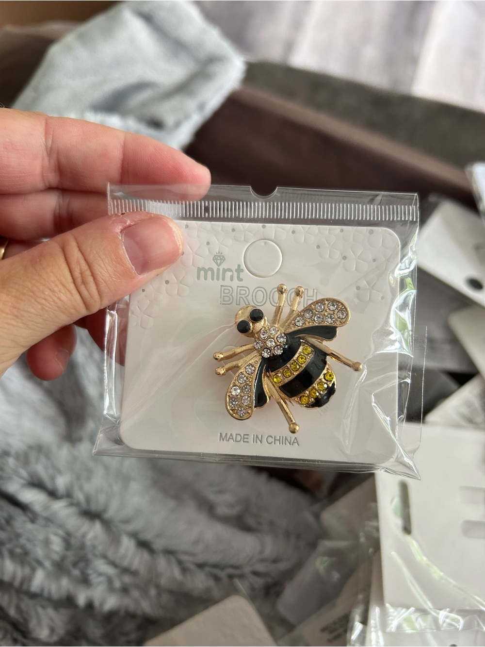 4/$50 Mint Gold Bee Brooch with Black and Yellow Accents